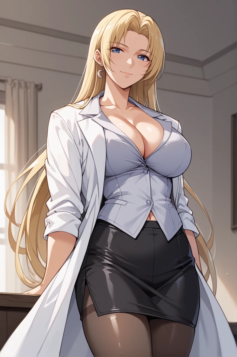 <lora:RiuruKaneshiroNSLT:1> RiuruKaneshiro, blonde hair, very long hair, cleavage, large breasts, blue eyes, black skirt, crescent earrings, jewelry, navel, pencil skirt, pantyhose, miniskirt, white shirt, underwear, white labcoat, no bra, thighhighs, standing, smile, closed mouth, looking at viewer, seductive smile, 8k, masterpiece, absurdes, highly detailed, highres, high quality, best quality, score_9, score_8_up, score_7_up, score_6_up, shiny, shiny skin, shiny hair