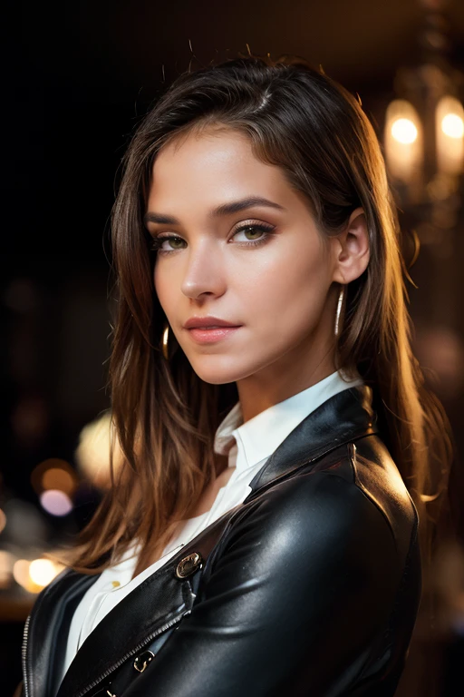 breathtaking Balmain structured blazer with  buttons worn over a silk blouse and black leather pants, headshot, a breathtaking glamour photo:1.3  of a beutiful woman, <lora:SilvieDeluxeV1:1>,  1girl, solo, realistic, brown hair, long hair, looking at viewer,  influencer, flirty look, striking beauty, glow, at a party <lora:add-detail-xl:.7>,  enhanced contrast, depth of field, 35 mm prime lens, shot on ALEXA65, bokeh:1.3, (absurdres, best quality, masterpiece:1.4), . award-winning, professional, highly detailed, detailed skin texture, (blush:0.5), (goosebumps:0.5), subsurface scattering