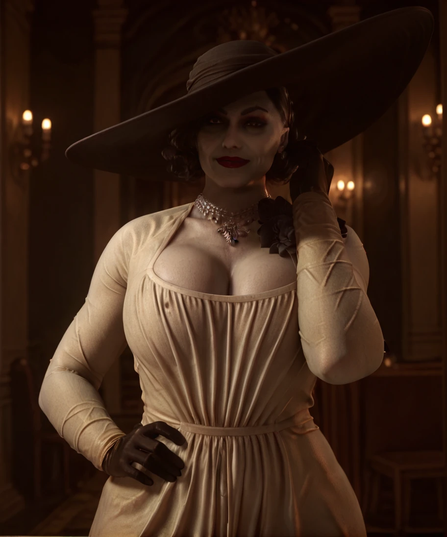 score_9,score_8_up,score_7_up,score_6_up,score_7_up,score_8_up,<lora:Alcina_dimitrescu_XL:1>,3d \(artwork\),dimitrescu,mature female,human,lipstick,dress,hat,