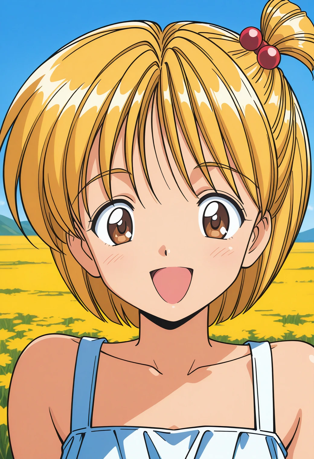 aitoma_forty, brown eyes, blonde hair, short hair, one side up, hair bobbles, sundress, <lora:aitoma_forty_illustrious_ver1:0.8> 
smile, open mouth,, masterpiece, best quality, general,, 1girl, solo, (field:1.2), (blue sky:1.2), looking at viewer,, (upper body:1.2), (close-up:1.2), (facing viewer:1.2), (open eyes:1.4), (portrait:1.2)