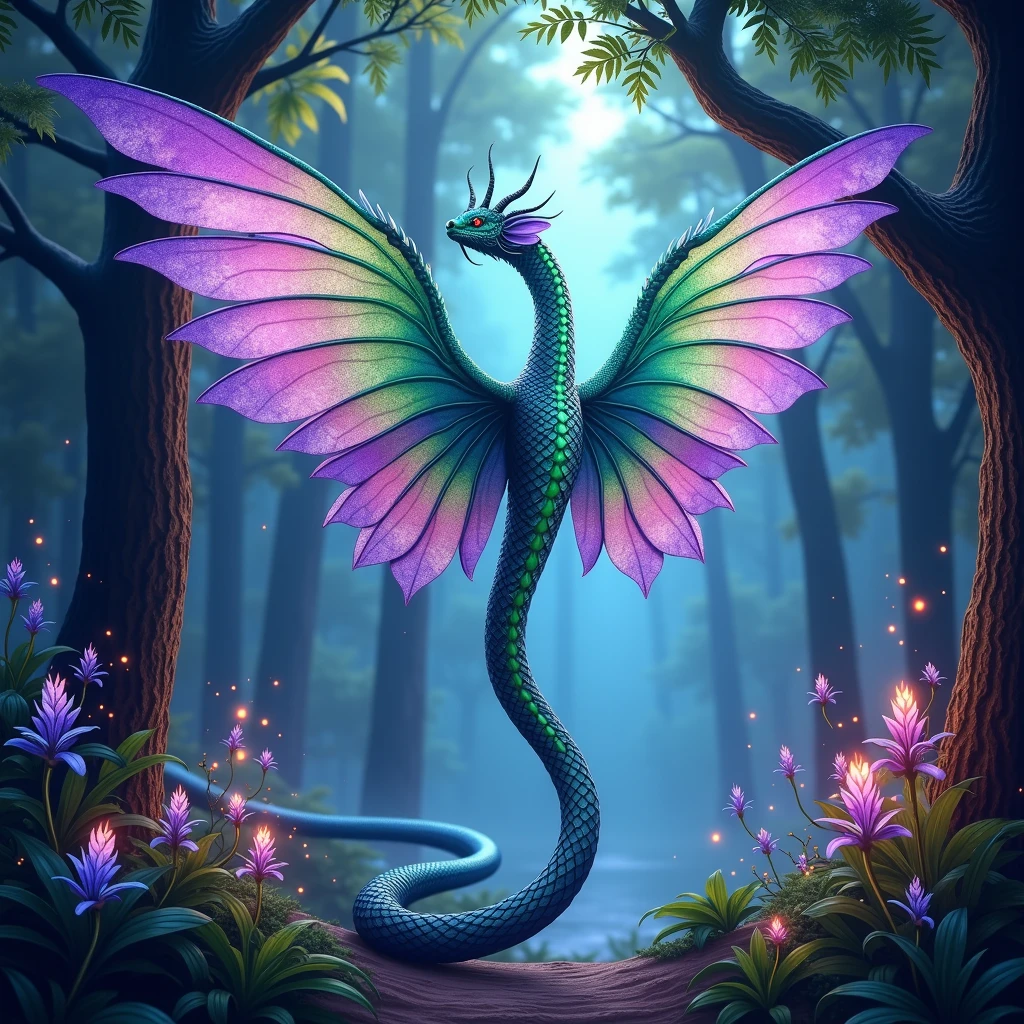 flying serpent painting, impressionist ambience , beautiful and surreal, with luxurious sharp focus, intense vibrant colors, dynamic shadows, dramatic lighting, soft shadows, in the early morning, blue hour,  cinematic flying serpent is erched gracefully on a delicate, interesting sky mystical open space. Its iridescent wings shimmer in various hues of emerald, sapphire, and amethyst, catching the soft, magical light filtering through the ancient trees. the creature scales gleam like precious gems, reflecting the vibrant colors of the surrounding flora. The background is filled with ethereal wisps of light, fireflies dancing in the air, and mysterious, glowing plants that add to the otherworldly atmosphere. The scene should evoke a sense of wonder and fantasy, with intricate details that draw the viewer into this magical realm." <lora:windserpents:1> fsp, fsx, fxs