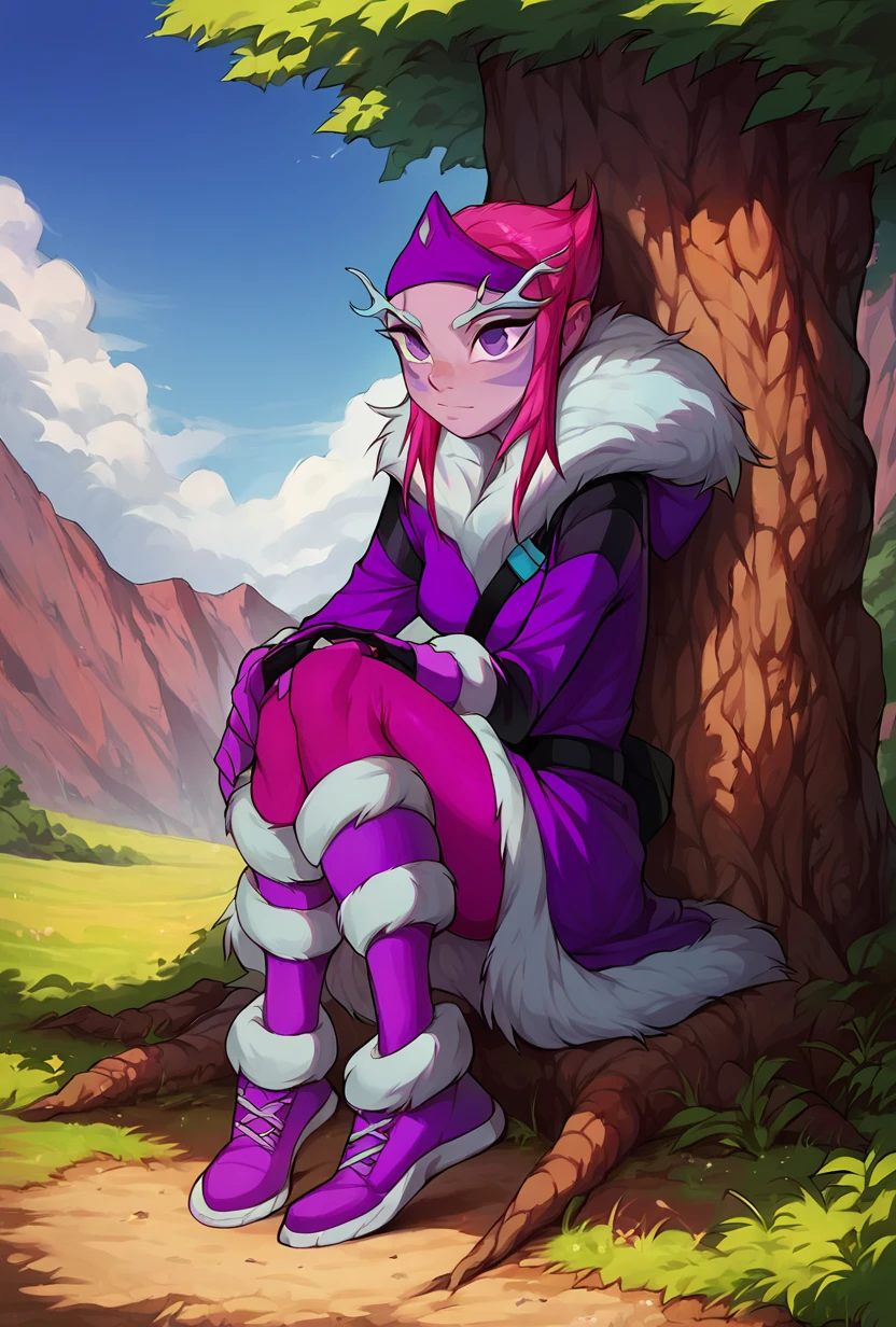 score_9, score_8_up, score_7_up,,  good quality ,, character focus, solo, detailed background, full body, <lora:ester-10:1> ester, 1girl, purple eyes, pink hair, , fur trim, colored skin <lora:IncaseLycoXL:1>, outdoors, under tree,