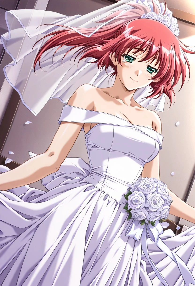 masterpiece, best quality, newest, highres, uncensored, yokota mamoru style,motion lines,1girl,wedding dress, dress, bride, veil, bridal veil, smile, dutch angle, bare shoulders,tears,happiness,throw flowers,Ogata Shizuka Again Version,Red Hair, Ponytail, Waist Length Hair,Green eyes