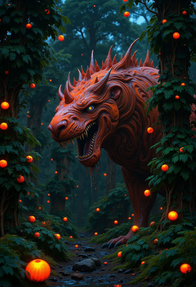 weird animal creature in magical forest with fireflies, fluorescent plants, otherworldly. masterpiece, best quality, high quality, high-res, ultra-detailed, best quality, 8K, high resolution, extreme detail, photography, Hyper-realistic, many details, extreme detailed, full of details, monster, creature, highly detailed,  moody, epic, gorgeous, film grain, grainy