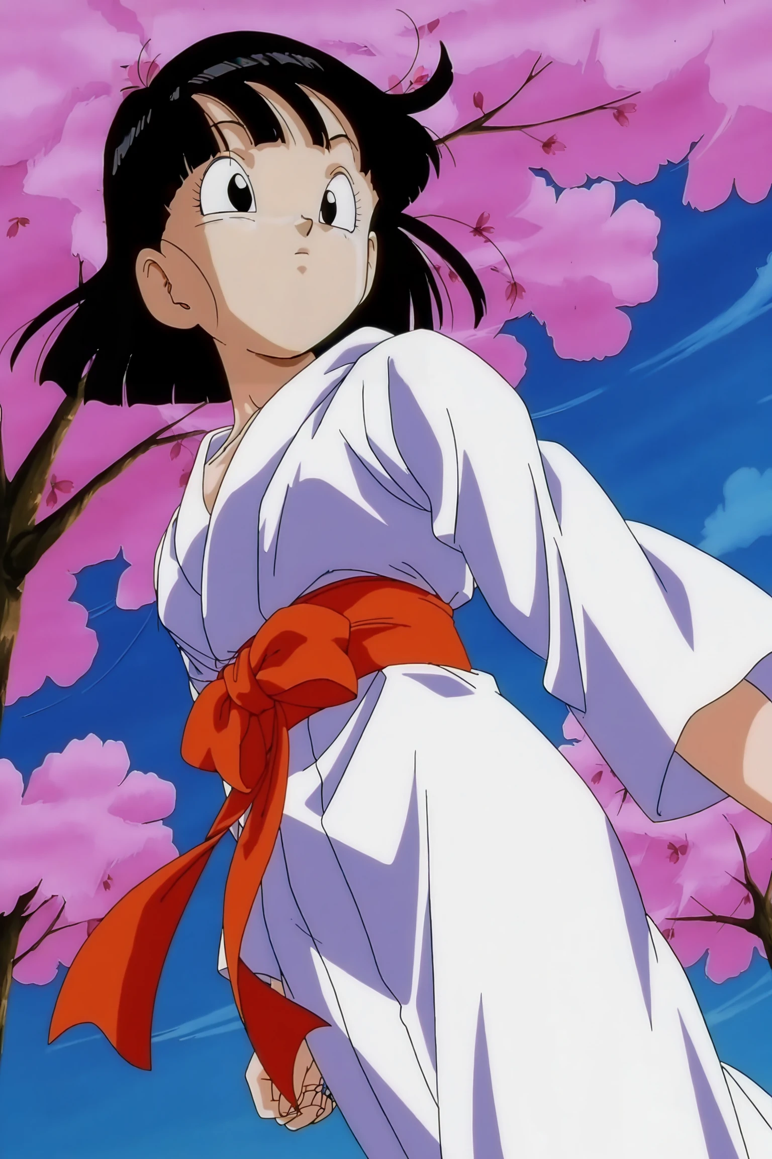 source_anime, score_9, score_8_up, score_7_up, anime screencap, absurdres, high quality,
pan \(dragon ball\), dragon ball gt, 1990s \(style\), anime coloring, retro artstyle, 1girl, solo, short hair, bangs, black hair, black eyes, dutch angle, white kimono, cherry blossoms, sash, floating hair, from below, looking to the side, blue sky, looking at viewer, 
  <lora:Pan_IL_v1:0.8>