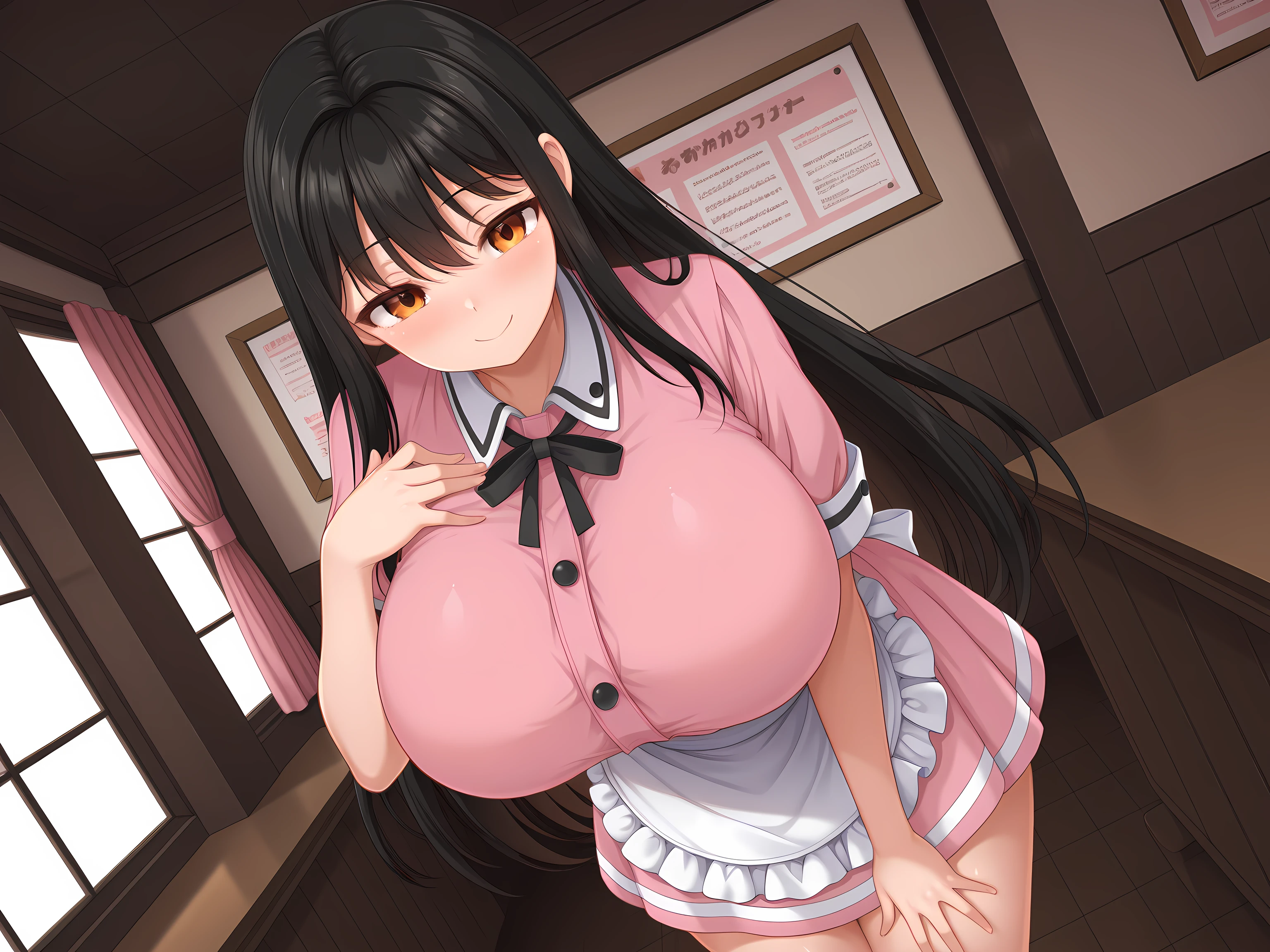 score_9, score_8_up, score_7_up, rating_explicit, 1girl, solo, working!!, taneshima popura, brown eyes, brown hair, long hair, ponytail, huge breasts, shortstack, short, thick, maid, maid headdress, detached collar, bikini, maid bikini, skindentation, frills, apron, frilled apron, maid apron, waist apron, detached sleeves, collarbone, navel, skirt, miniskirt, thighhighs, skindentation, cleavage, zettai ryouiki, ass visible through thighs, thigh gap, contrapposto, looking at viewer, indoors, cafe, window, blush, seductive smile, gigantic breasts, wide hips, exposed breasts, inverted nipples, breasts on tray, erected nipple, long nipple, puffy nipple, lactating