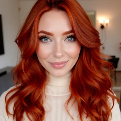 A close-up portrait of a stunning red-haired woman with vibrant, wavy locks framing her face. She has piercing blue eyes, soft makeup, and a confident yet approachable expression. Her outfit features a light cream-colored turtleneck sweater, adding a cozy yet elegant touch. The background is softly blurred, with hints of a modern living room and warm lighting.