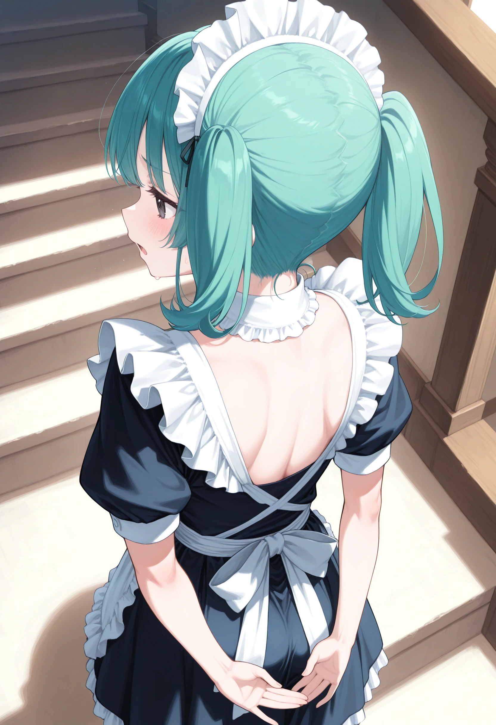 1girl,(sho \(sho lwlw\):0.7),(toosaka asagi:0.5),(sincos:0.3),solo,
masterpiece, best quality, newest, absurdres, CG, anime, source anime, illustration,
maid, maid headdress,medium breasts,
covering crotch, covering privates, from behind,stairs, covering ass, <lora:coveringcrotch_Illust_v1:0.8>
from above, portrait, looking back, aqua hair, black eyes,sulking, downtown, open mouth, tri tails hair,