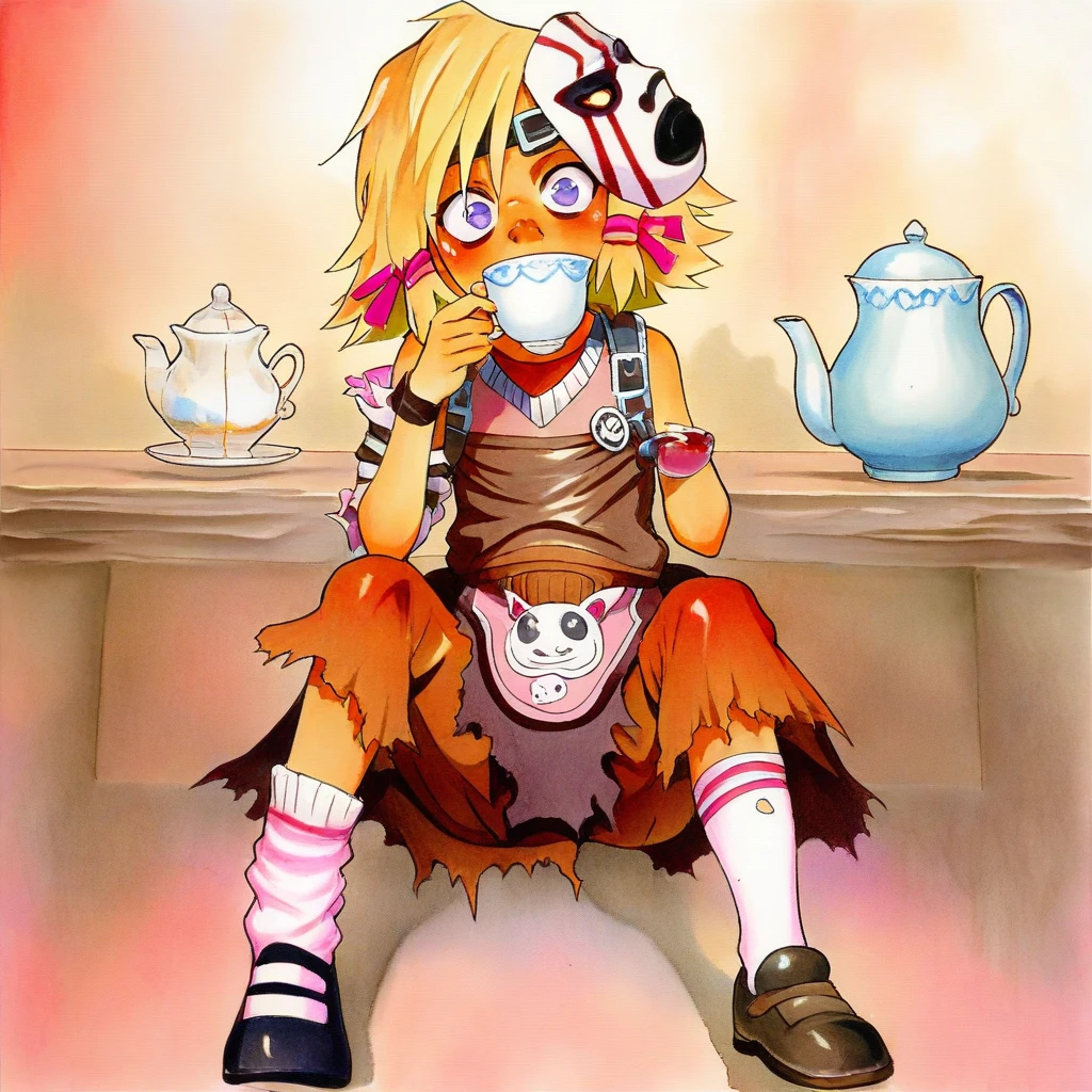 masterpiece, 1440p, 8k, UHD, amazing quality, high resolution, traditional media, TinyTina, 1girl, blonde hair, cup, teacup, drinking, shoes, mask, solo, teapot, torn clothes, short hair, blue eyes, ribbon, hair ribbon, tea, socks, purple eyes