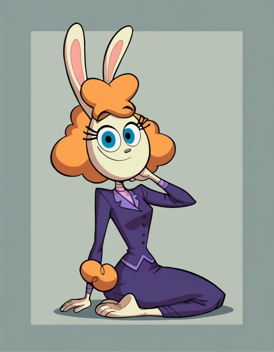 <lora:TammyT.U.F.FPuppyPony1.0:0.8> tammy, furry female, 1girl, rabbit girl, orange hair, rabbit ears, solo, formal, long sleeves, blue eyes, rabbit tail, buttons,full body,  purple skirt, purple jacket, smile,barefoot,  score_9, score_8_up, score_7_up, score_6_up, score_5_up, score_4_up, looking at viewer,