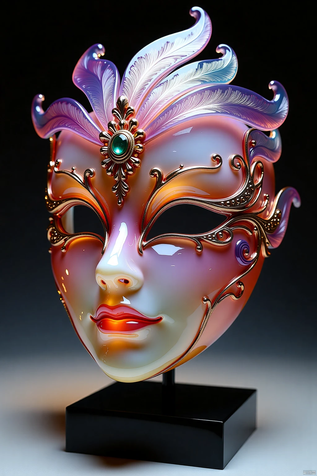 OBsgdys,
An exquisite, one-of-a-kind glass mask, adorned with intricate patterns and delicate filigree, rests upon a simple black pedestal. Crafted from iridescent glass that shifts and shimmers in the light, the mask evokes a sense of mystery and intrigue. Its expressive features, frozen in a timeless expression, hint at a hidden story waiting to be unveiled.