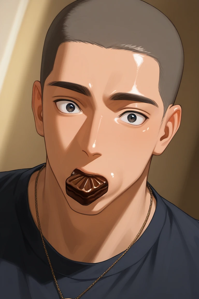 subsurface scattering, realistic shading, natural lighting, food theme, chocolate mark on mouth, eating, male focus, looking at viewer, expressive face, DaikiAOFH, black_DaikiAOFH_eyes, dark grey_DaikiAOFH_buzz cut, 1boy, surprised, wide-eyed, puffed cheeks, cute face, shiny skin, wealthy clothes, necklace, shirt, dutch angle, dynamic angle, intricately detailed illustration, depth of field, masterpiece, best quality, amazing quality, very aesthetic, absurdres, newest