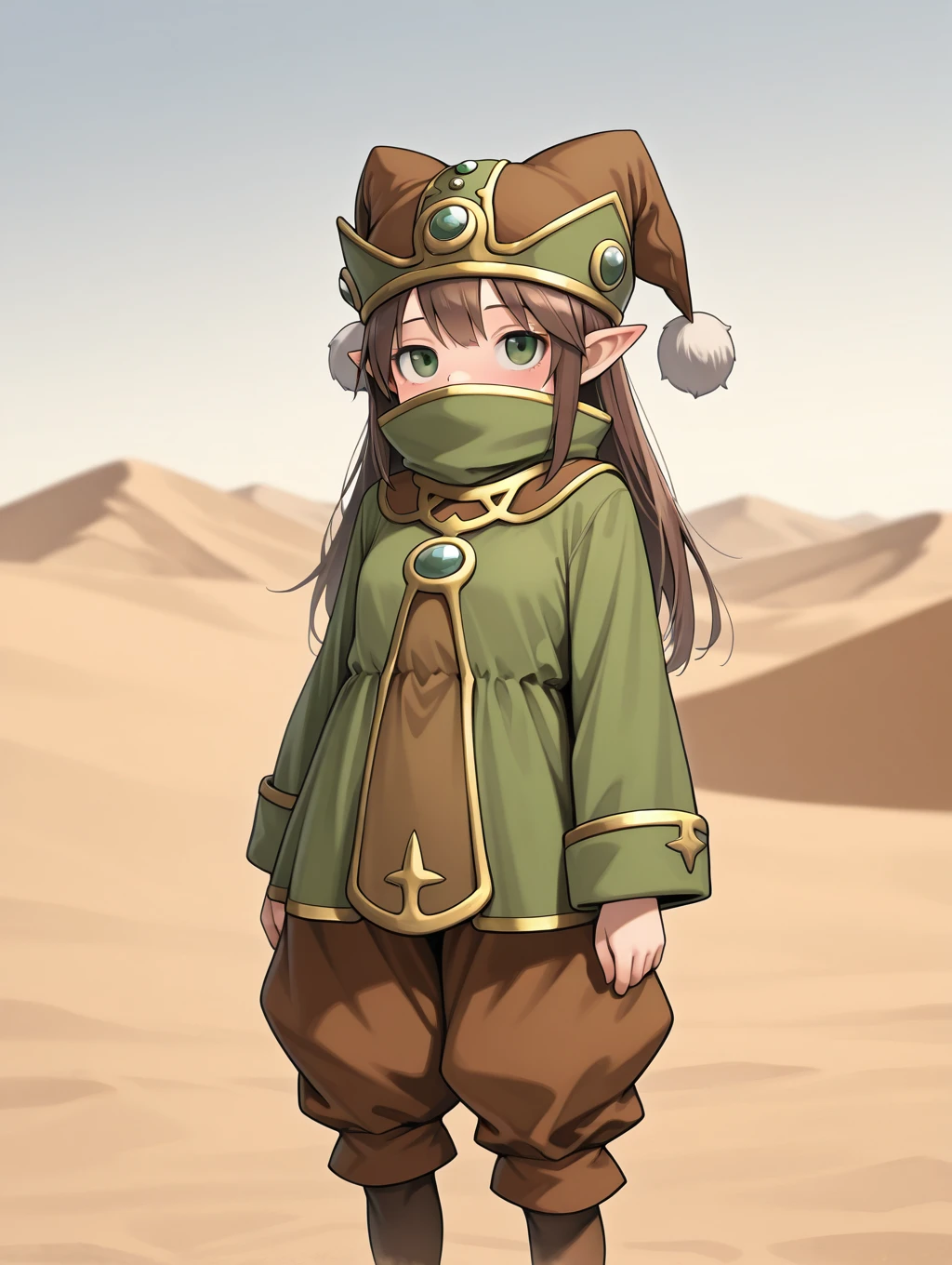 1girl, solo, Gnome, brown hair, green eyes, long hair, brown dress, brown jester pants, green robe, pointy ears, hat, pantyhose, shirt over mouth,

desert, dynamic, standing, looking at the sky,

masterpiece, best quality,amazing quality, very aesthetic, absurdres, depth of field, blurry background, extremely detailed face, detailed eyes