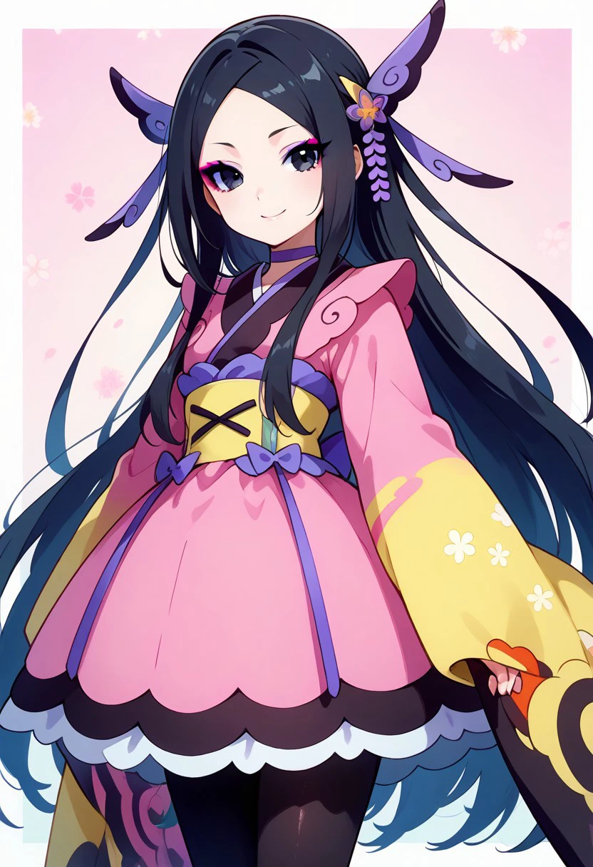 zzValerie, long hair, black hair, black eyes, parted bangs, eyeshadow, hair ornament, black pantyhose, choker, dress, furisode, japanese clothes, kimono, long sleeves,
smile, pretty background,