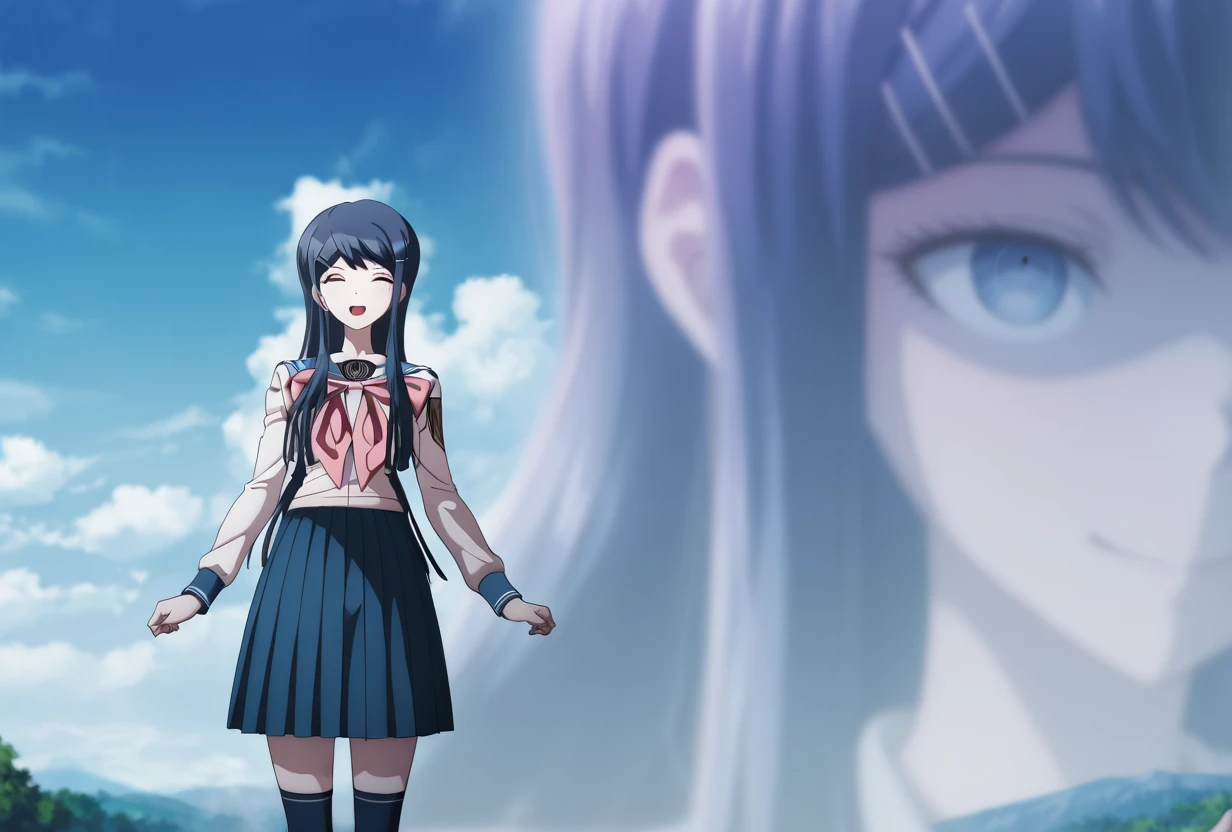 masterpiece, best quality, very aesthetic,  modern, modern anime,  long shot , neutral expression  , (((solo))),danganronpa_(series),<lora:Sayaka_Maizono_Illustrious:1>, This anime screencap is from Danganronpa the Animation. . Sayaka Maizono has her long blue hair down. She is wearing the white and blue Hope's Peak Academy uniform with a white top. Her sleeves reach her wrists.  She's wearing a light pink ribbon.  She has a short, pleated, blue skirt. Sayaka Maizono wears navy blue thigh-high socks. Her footwear is dark brown Mary Janes shoes.  Sayaka Maizono is enacting a winking . Sayaka Maizono's expression is amused expression . Sayaka Maizono is interacting with  an enchanting and surreal depiction of a world locked in perpetual twilight, a captivating landscape where the boundaries between day and night blur into an everlasting twilight, sky is a mesmerizing blend of deep blues and soft purples, a faint, ethereal glow on the horizon, mystical terrain, delicate, bioluminescent flora and fauna, bioluminescent life illuminates the landscape with gentle otherworldly radiance, emanates a sense of tranquility, feeling of mystery, magical feeling. intricate details, captivating twilight realm The weather is thunderstorm