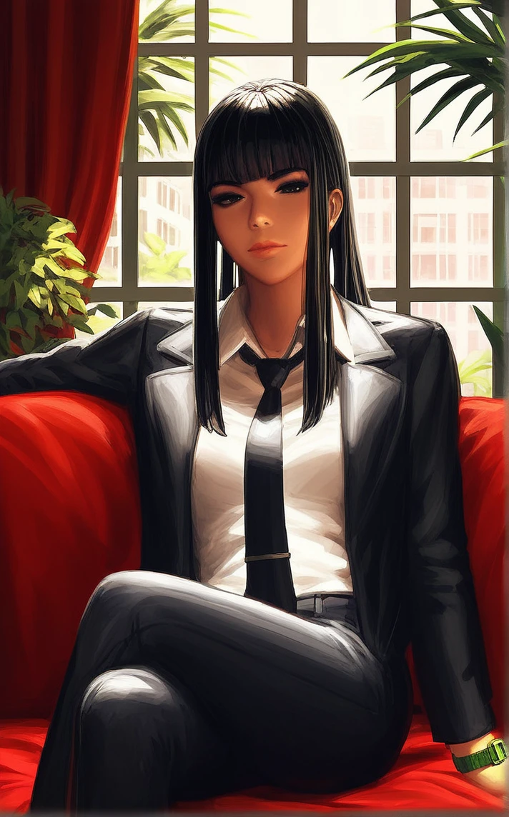 score_9, score_8_up, score_7_up,  <lora:STYLE_PONYXL_guweiz_ownwaifu:1>, BREAK 
STYLE_PONYXL_guweiz_ownwaifu, a woman in a black dress sitting on a red couch, 1girl, long hair, looking at viewer, white shirt, black hair, closed mouth, black jacket, black necktie, collared shirt, black pants, indoors, blunt bangs, black eyes, lips, window, formal, crossed legs, black suit, plant, curtains, wing collar, watch, wristwatch, pant suit