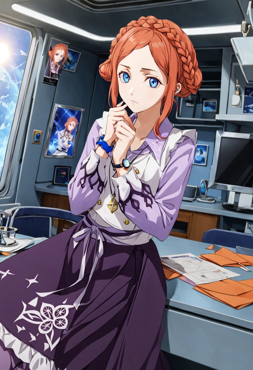 (((solo))), masterpiece, best quality, very aesthetic, modern, modern anime, anime style, newest, absurdres, highres, low angle , prideful expression  ,  <lora:Luna_VLR_SDXL:1>, A photograph of Luna. In the Crew Quarters, Luna sits at a desk making origami cranes from medical diagrams. A small digital photo frame cycles through images of the woman she was modeled after, casting shifting light patterns across her concentrated expression. Luna has droopy blue eyes and thin eyebrows. Luna's coral orange hair is tied in a bun with a braid and with two long strands on each side of her face in the front, accompanied with short, side-swept bangs. Luna wears a light purple, long-sleeved blouse under a white vest and a long, dark purple skirt with a white geometric design near the bottom. The skirt is tied around her waist with a ribbon. She also has purple stockings and white slippers. She wears a large bracelet on her left wrist. Her necklace is a caged bluebird.