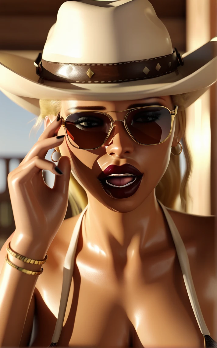 score_9, score_8_up, score_7_up, absurdres, <lora:PONYXL_STYLE_JackermanV2_ownwaifu:1>, BREAK PONYXL_STYLE_Jackerman_ownwaifu, 1girl, blonde hair, cowboy hat, jewelry, earrings, dark skin, nail polish, bracelet, makeup, aviator sunglasses, lipstick, black nails, realistic, long hair, open mouth, upper body, looking at viewer, bare shoulders, collarbone, swimsuit, bikini, food, tongue out, blurry background, red lips, head tilt, depth of field, white headwear, halterneck, ring, portrait, close-up, sun hat, nose, adjusting eyewear, photorealistic, 3d<lora:add-detail-xl:0.15>,