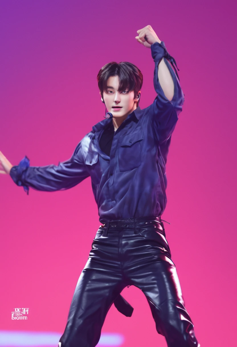 (masterpiece, ultra quality, high resolution, 8k, intricate: 1.2), (detailed face:1.2), handsome, Young Korean man ,white skin, double eyelids , detailed skin, 1boy, ((realistic)), abs, good lighting quality, muscle veins, ((pale skin)), kpop idol, singing on stage, (solo:1.8), wearing tight burberry shirt and black jeans, bulge, 1boy,solo, holographic clothing ,looking at viewer, balance eyes