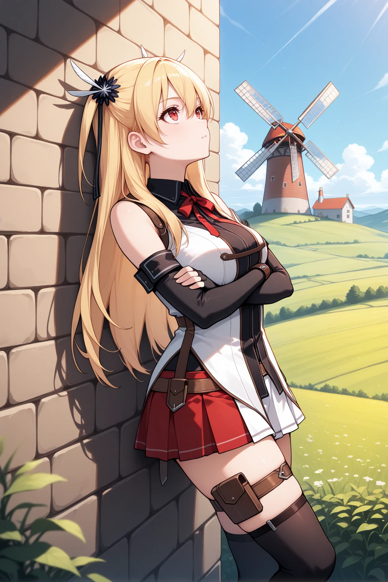 masterpiece, best quality, 1girl, solo, <lora:alisareinford-illu-nvwls-v1-000006:1> sen2alisa, blonde hair, two side up, red eyes, red neck ribbon, detached sleeves, elbow gloves, black gloves, fingerless gloves, sleeveless shirt, pleated skirt, white and red skirt, thigh strap, black thighhighs, from side, crossed arms, leaning against wall, brick wall, looking up, windmill, wide shot, landscape, field