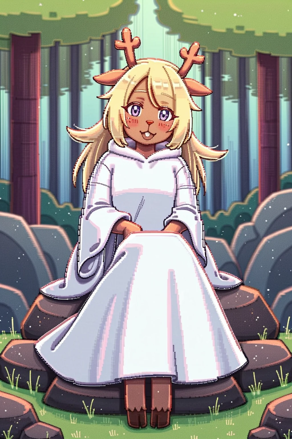 masterpiece, best quality, newest, absurdres, furry female, noelle_hol, deer girl, buck teeth, white robe, hooded robe, hooves, outdoor, forest, looking at viewer, blush, sitting, rock, hooves,
BREAK
dynamic background,  <lora:Noelle_Holiday_-_Deltarune_Pony:1>