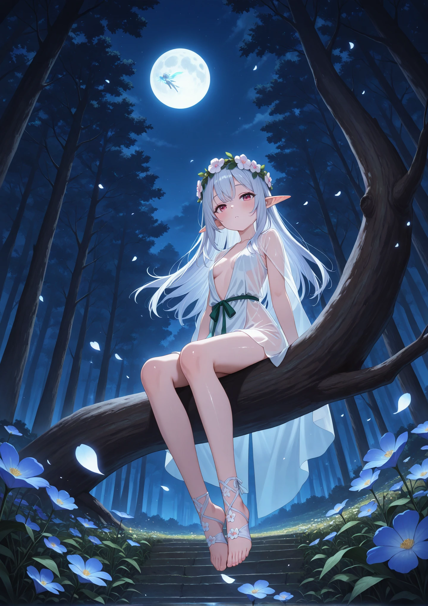 1girl,cute_face,slender body,petite body,fair_skin,shiny hair,seductive posture,sitting_on_tree,sitting_high, see-through,woodland nymph tunic,floral wreath,barefoot sandals,knee highs,white legwear,open_clothes,elf, outdoors,nature,flower,falling_petals,night,moonlight,glowing_petals,full_moon,dark,from_below,
masterpiece,best quality,amazing quality,very aesthetic,absurdres,newest,