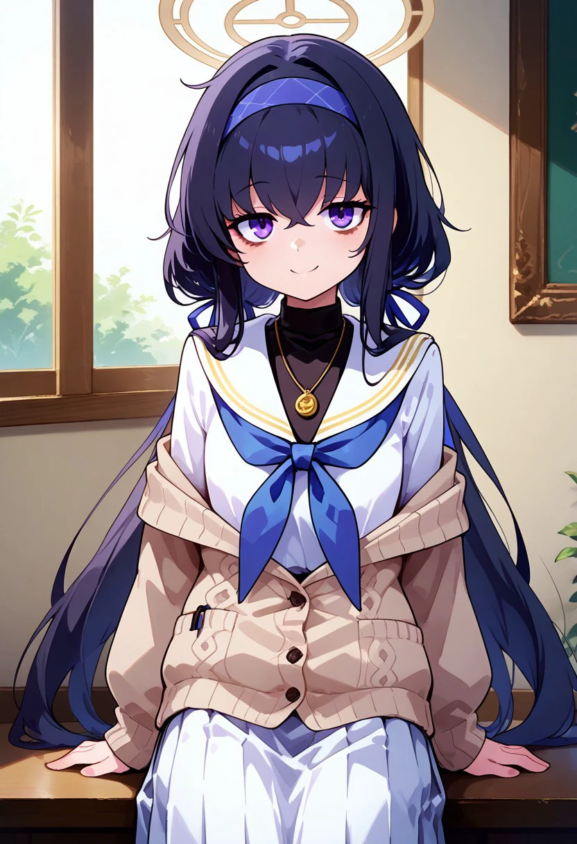 zzUi, purple eyes, long hair, black hair, hairband, halo, bags under eyes, hair between eyes, blue hairband, very long hair, cardigan, long sleeves, pleated skirt, white skirt, white sailor collar, blue neckerchief, necklace, white serafuku, long skirt, sweater, low twintails, off shoulder,
,smile, looking at viewer, pretty background,