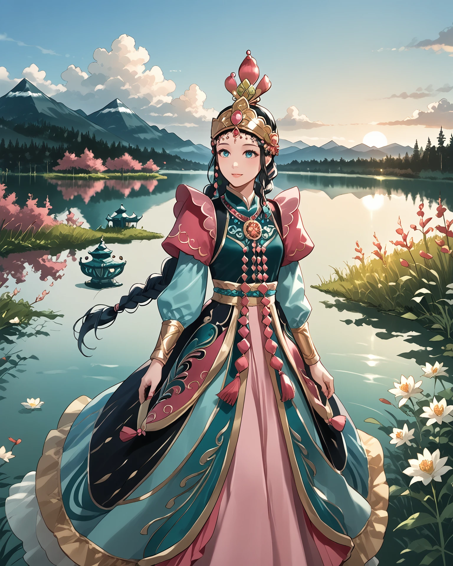 1girl, wearing yakutfa, yakutfa clothes, beautiful scenery, shimmering lake, long hair, braid, black hair, pinks and greens, extremely detailed clothing, headdress, digital art, masterpiece, absurdres, highest quality, score_9, score_8_up, score_7_up,   <lora:Yakut_Fashion_XL:1>,  <lora:Smooth Anime 2 Style SDXL_LoRA_Pony Diffusion V6 XL:1>