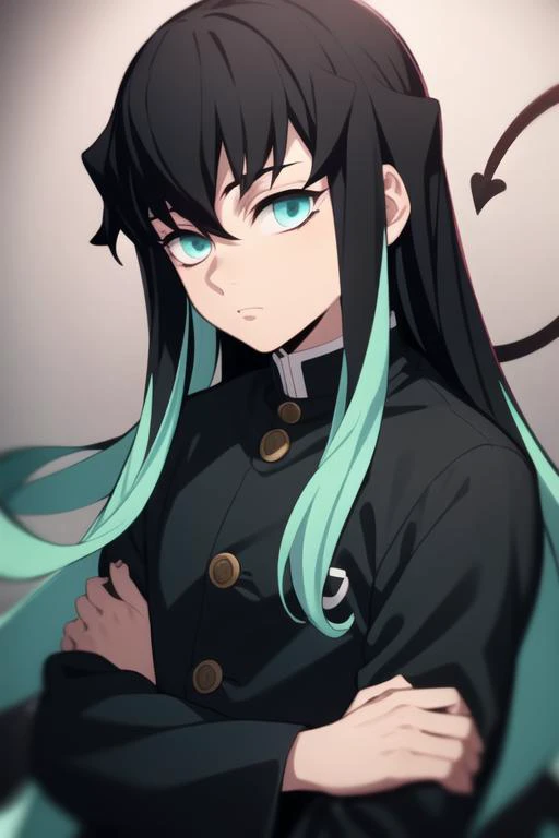 masterpiece, best quality, high quality, 1boy, solo, male focus, looking at viewer, upper body, <lora:tokitou_muichirou:0.74>, tokitou_muichirou, long hair, bangs, black hair, aqua eyes, demon slayer uniform, multicolored hair, two-tone hair,