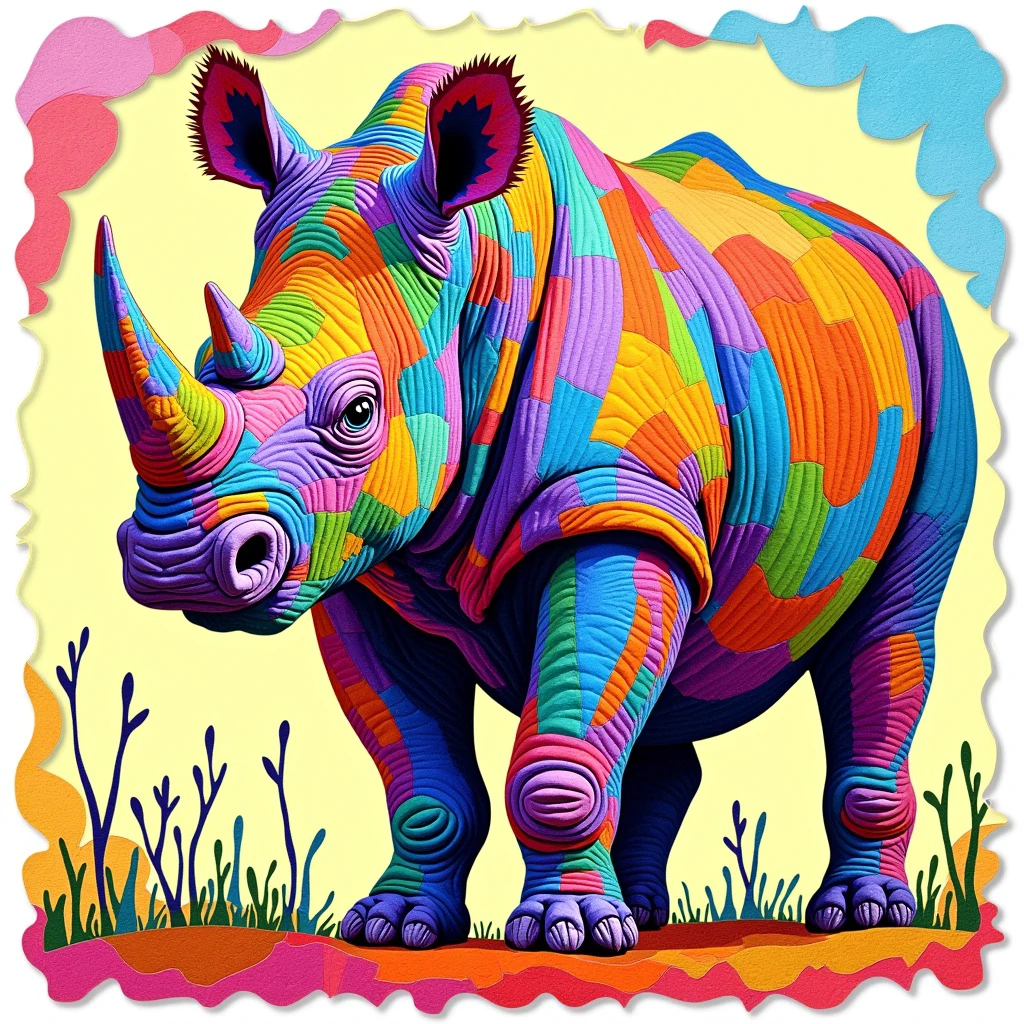 a artfulquilts rhino charging, flat coloring, colorful background