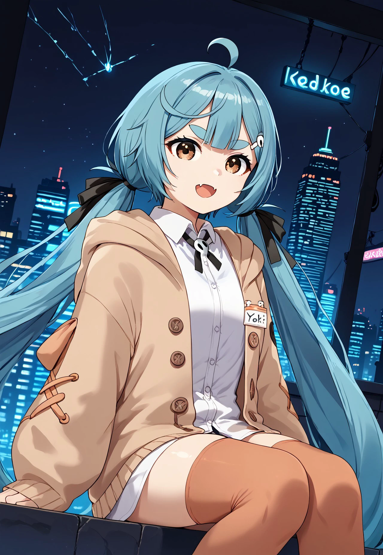 1girl, solo, solo focus, highres, absurdres, Yoki1st, white shirt, very long hair, twintails, bangs, ahoge, collared shirt, sleeves past wrists, hair ornament, low twintails, sleeves past fingers, blue hair, jacket, brown eyes, black ribbon, skin fang, hair ribbon, hood, thighhighs, short eyebrows, long sleeves, cardigan, brown jacket,

sitting, dutch angle, open mouth,
 
cityscape, neon lights, night, night sky, backlighting, silhouette,