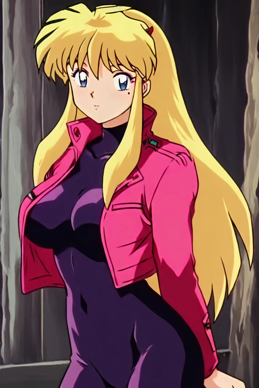 <lora:Miu_Furinji-000006:0.7> , miu, fuurinji miu, blonde hair, long hair, blue eyes, mole under right eyes, slim waist, large breast, pink jacket, purple bodysuit, hairclip, 1girl, solo, alone,<lora:inuyasha_style_illustriousXL:1>, inuyasha_style,  masterpiece, highres