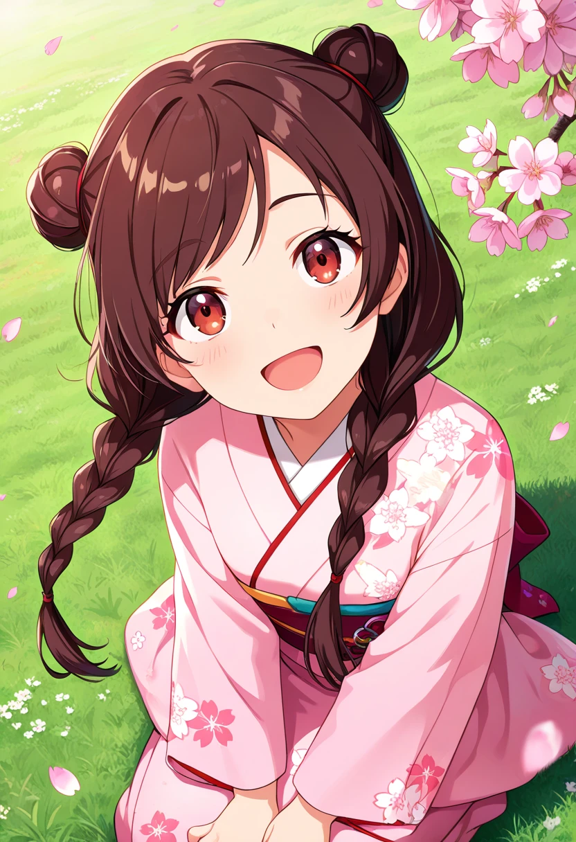 masterpiece, best quality, absurdres, very aesthetic, general,
1girl, brown hair, solo, japanese clothes, open mouth, smile, twin braids, blush, kimono, floral print, grass, long hair, :d, looking at viewer, brown eyes, red eyes, petals, pink kimono, outdoors, eyebrows visible through hair, happy, portrait, print kimono, day, eyelashes, shiny hair, shiny, cherry blossoms, pink flower, wind, looking up, from above, floating hair, cherry blossom print, low twintails, swept bangs, on grass, light blush, sidelocks, double bun, sitting, seiza,