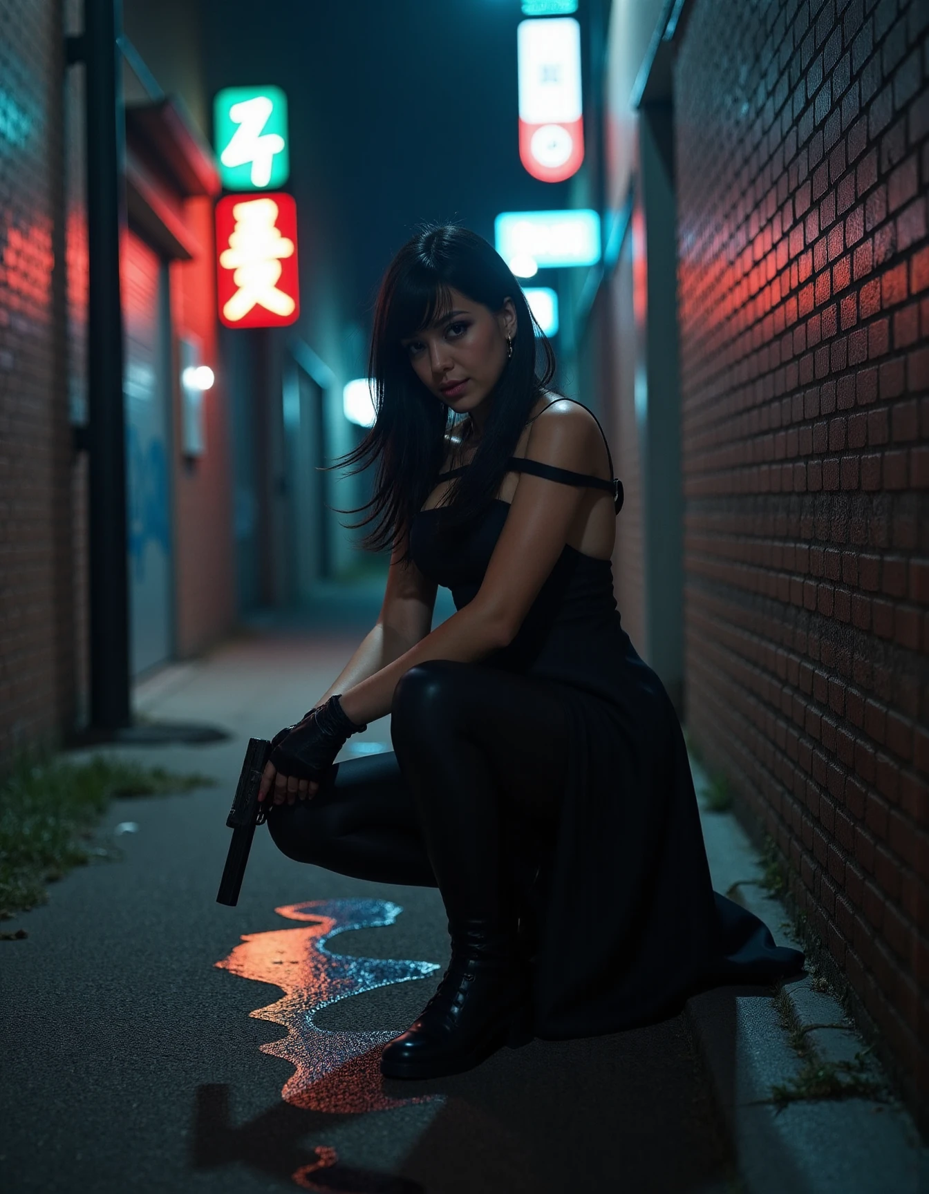 a photo of a woman crouching in a shadowy urban alley at night, her sleek th0rnPr1ncess0utfit outfit. She holds a gun at the ready, her posture low and poised, exuding tension and readiness. The alley is narrow, lined with graffiti-covered brick walls and littered with debris, while dim streetlights cast a moody glow. Her hair falls messily around her face, catching the faint light, and her intense gaze focuses on a distant threat. Neon signs in the background and scattered puddles reflect the dramatic lighting, enhancing the gritty, suspenseful atmosphere
<lora:thornPrincessOutfitFlux:1>