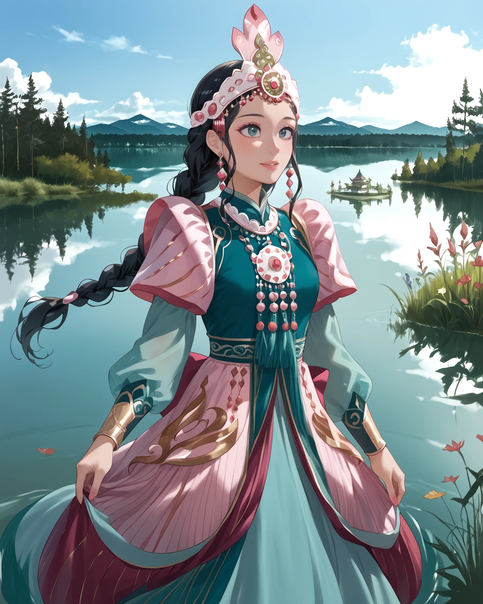 1girl, wearing yakutfa, yakutfa clothes, beautiful scenery, shimmering lake, long hair, braid, black hair, pinks and greens, extremely detailed clothing, digital art, masterpiece, absurdres, highest quality, score_9, score_8_up, score_7_up,   <lora:Yakut_Fashion_XL:1.2>,  headdress,  <lora:CMRNM:1>, CMRNM