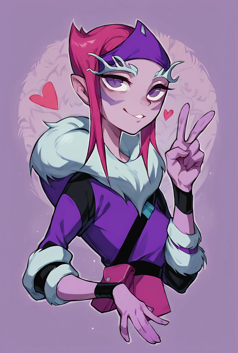 score_9, score_8_up, score_7_up,,  good quality ,, character focus, solo, detailed background, full body, <lora:ester-10:1> ester, 1girl, purple eyes, pink hair, , fur trim, colored skin, simple background, purple background, light purple background, peace sign, hearts, half closed eyes,