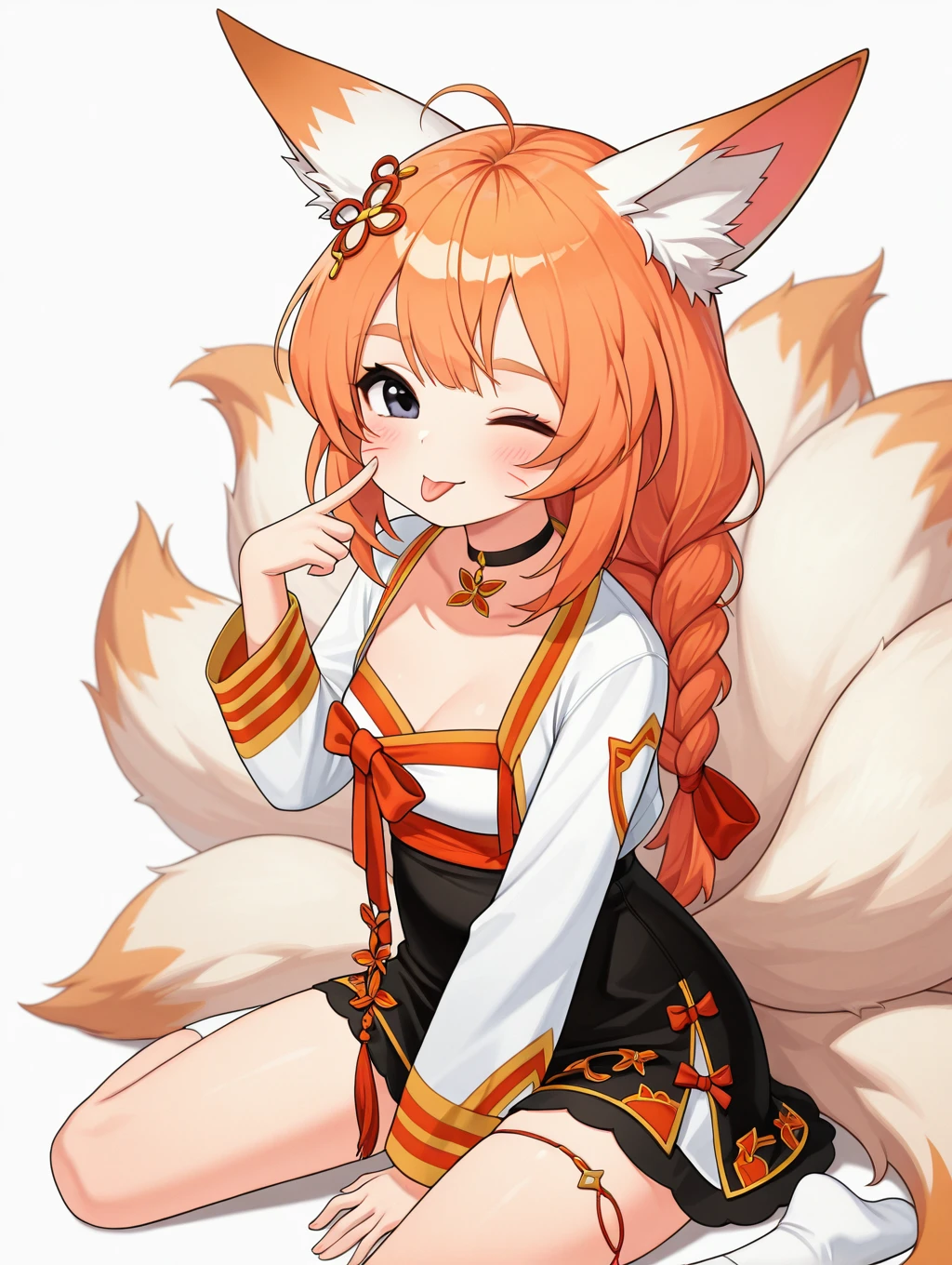 nari, 1girl, solo, long hair, looking at viewer, simple background, hair ornament, white background, animal ears, sitting, tail, braid, one eye closed, choker, tongue, socks, tongue out, orange hair, fox ears, fox tail, fox girl, multiple tails, whisker markings, korean clothes,


masterpiece, best quality,amazing quality, very aesthetic, absurdres, depth of field, blurry background, extremely detailed face, detailed eyes