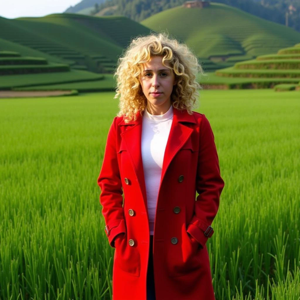 psyche\(Person\), Psycheswings \(Person\), @psychedwings, Photo of a woman with curly blonde hair, wearing a red trench coat over a white shirt, standing in a lush green field with terraced fields in the background. She has a neutral expression and is looking directly at the camera. The lighting is soft and natural, casting gentle shadows on her face and body. The image has a high-quality, realistic style with a focus on texture and detail. The woman is positioned in the center of the frame, with the field stretching out behind her.