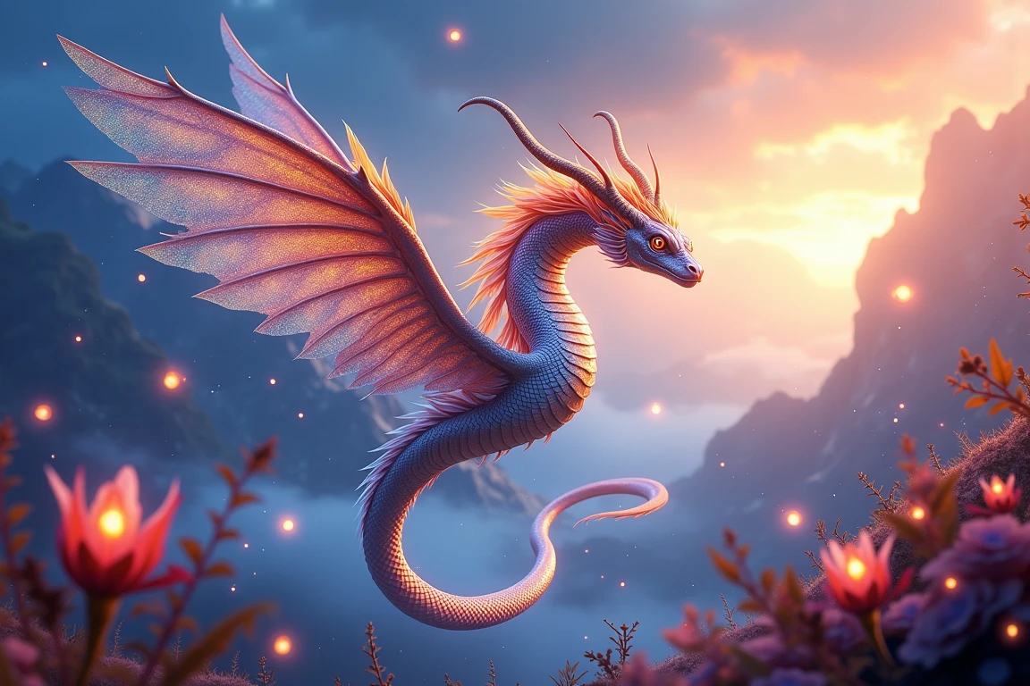 ethereal fantasy concept art of  a breathtaking masterpiece of a flying serpent in a stunning, impressionist ambience. The scene is beautiful and surreal, with luxurious sharp focus and intense, vibrant colors. Incorporate dynamic shadows and dramatic lighting, with soft shadows enhancing the depth of the scene. Set the mood in the early morning, during the blue hour, capturing the cinematic essence of the serpent as it perches gracefully in a mystical open sky. Its iridescent wings shimmer in glorious hues of golden and silvery majestic colors, catching the soft, magical light that illuminates this enchanting creature. The serpent's scales gleam like precious gems, and it has a majestic crest atop its head with small horns on the sides, reflecting the vibrant colors of the surrounding flora. Use volumetric lighting to create an ethereal atmosphere, with fireflies dancing in the air and mysterious, glowing plants adding to the otherworldly setting. The scene should be filled with magic and myth, with intricate details that draw the viewer into this fantastical realm." 
 <lora:windserpents:1> . magnificent, celestial, ethereal, painterly, epic, majestic, magical, fantasy art, cover art, dreamy