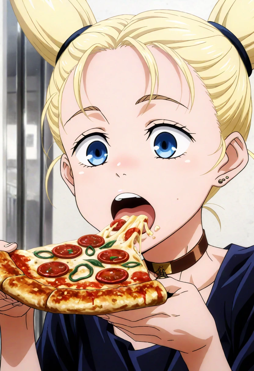 masterpiece, best quality, absurdres, highres, detailed background, <lora:hyperSD8:1>,
 <lora:MOMOMO:1> nishimiya momo, 1girl, blonde hair, twintails, choker, black dress, earrings,loose clothes, face focus, open mouth, eating, pizza,