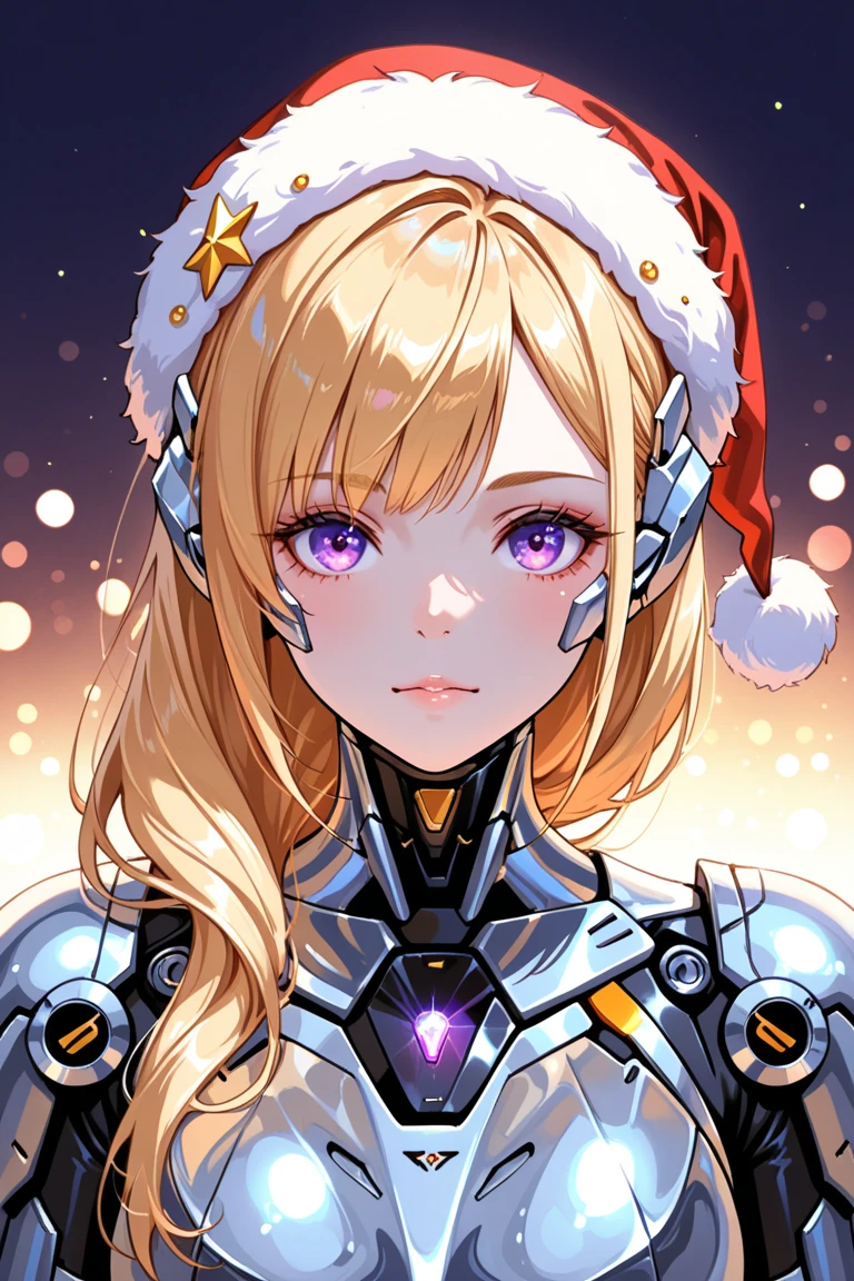 highly detailed digital artwork, female cyborg, futuristic sci-fi aesthetic, sleek metallic armor, glossy appearance, segmented armor, smooth pale skin, long blonde hair, loose waves, expressive eyes, contemplative gaze, Santa hat, red with white fur trim, festive theme, garland of sparkling ornaments, glowing multicolored lights, dark blue and purple gradient background, bokeh lights, pink orange yellow, magical holiday atmosphere, polished realistic style, intricate detail, reflective metallic textures,d2j3m0x