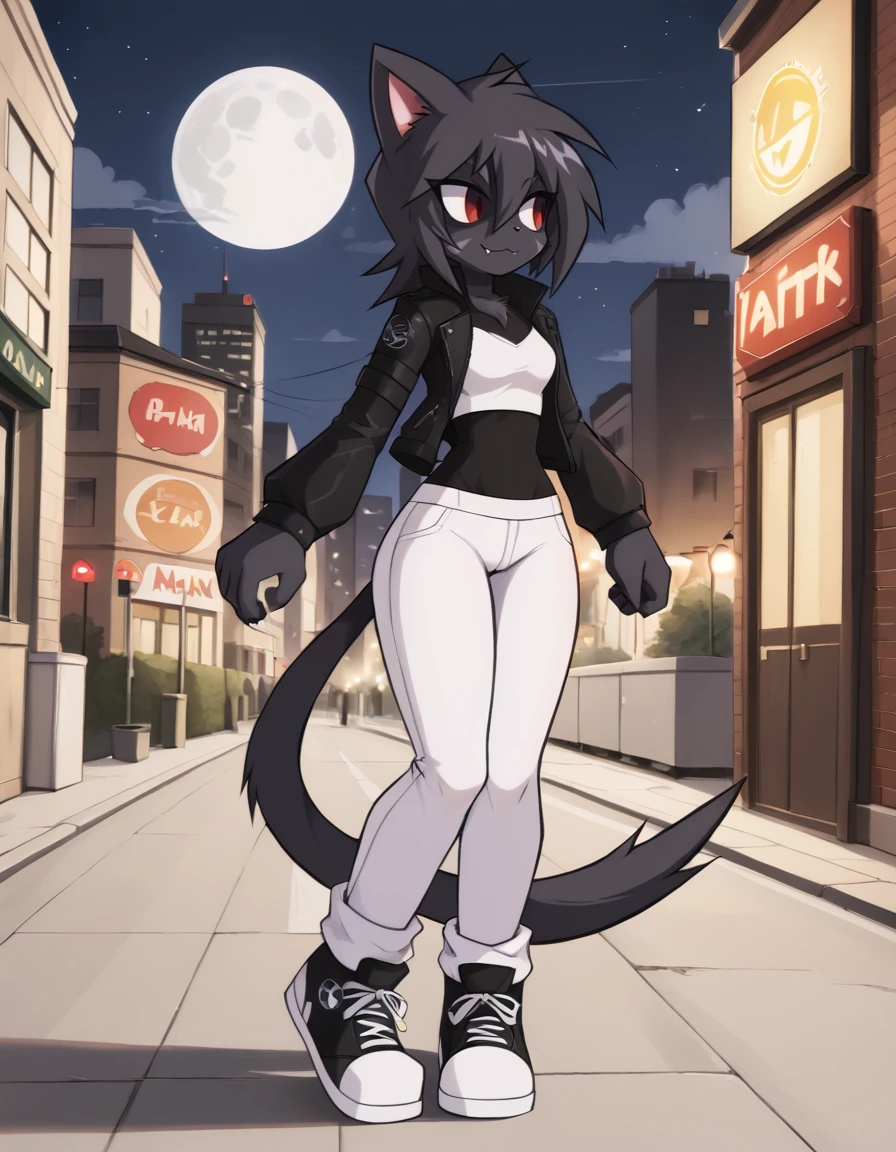 one boy, toned, flexing, sharp big cat ears, cat tail, big black messy hair, extremely vibrant red eyes, masterpiece, vibrant, micro thong , slim dark black hoodie, full body view, cute face, black thigh socks, combat boots.