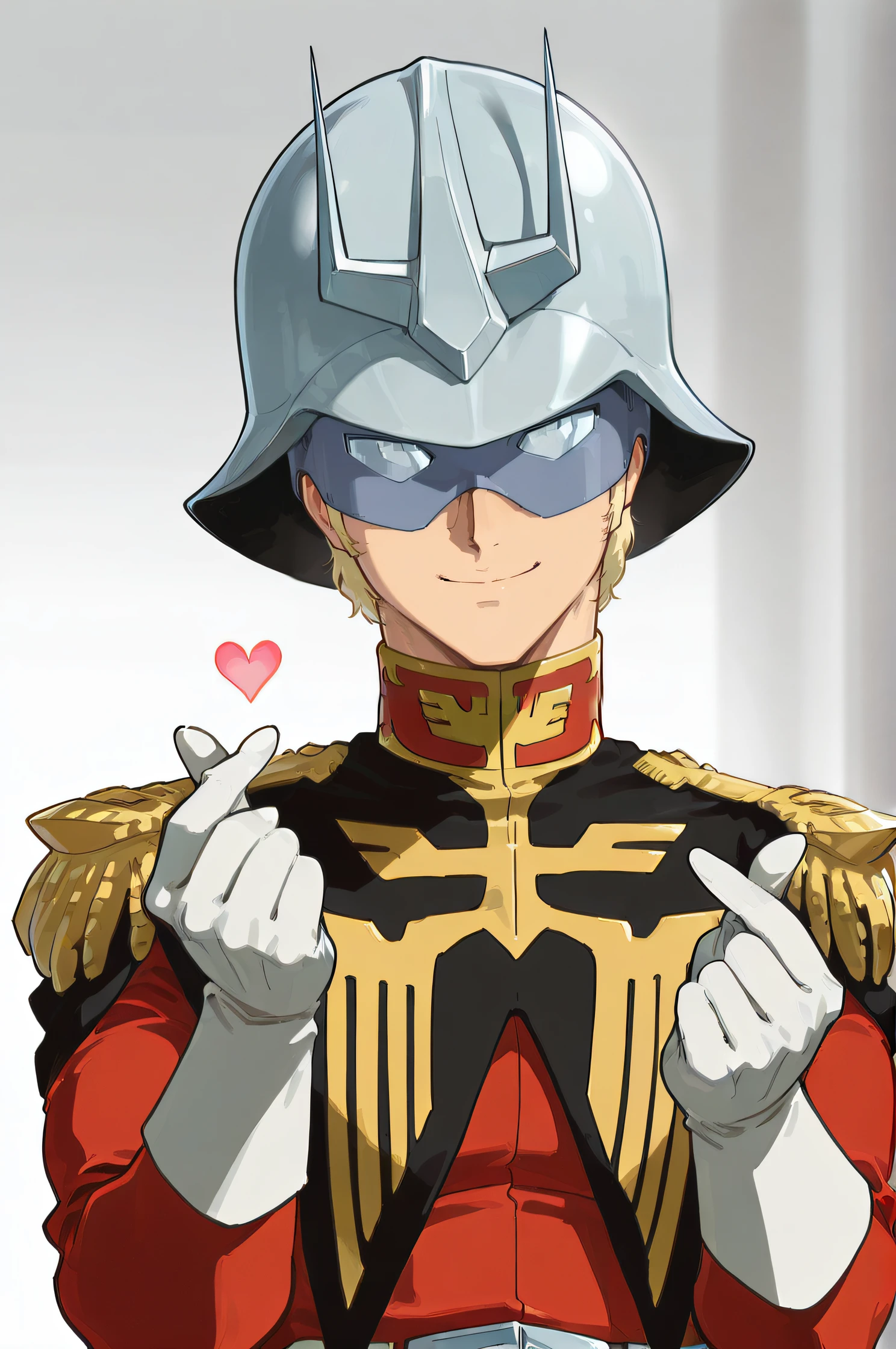 masterpiece, best quality, highres, newest, scenary, 1boy, solo, <lora:IL_Char_Aznable:1>, char, military uniform, mask, helmet, white gloves, long gloves, five fingers, upper body, finger heart, smile, facing at viewer, simple background