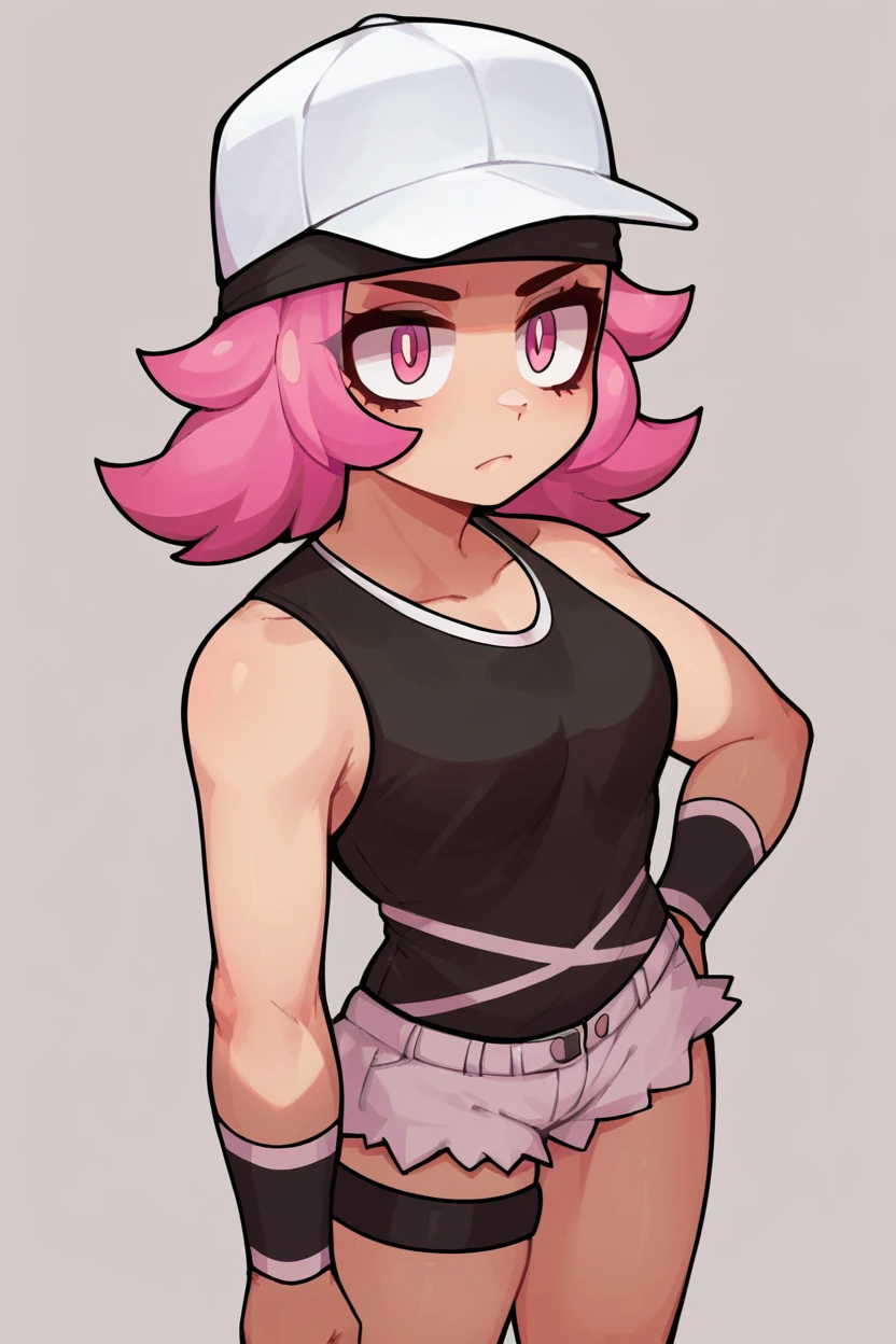 zPDXL3, score_9, score_8_up, source_cartoon, 1girl, solo, <lora:Pokemon_Punk_Girl_SunMoon:1>, punkgirlsm, baseball cap, black bandana, black tank top, sleeveless, white shorts, pink hair, pink eyes, wristbands, thigh strap,