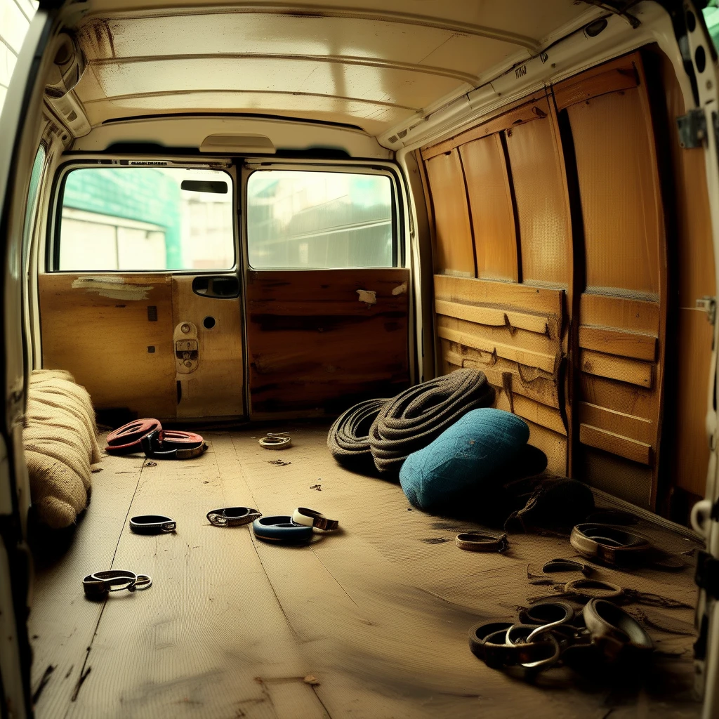 Looking into a scruffy work van interior. Empty van interior, wood panelling on the inside of the side walls, dusty wooden floor, old torn and stained striped mattress on the dirty floor of the van at an angle with large wet stain in the middle. A thin sisal rope length lies coiled on top of each corner of the mattress. A pair of black lace womens thong panties lies discarded on the floor. Four sets of handcuffs lie carelessly discarded on the floor, a small tub of vaseline is in the floor next to the open back doors, brightly lit interior of van