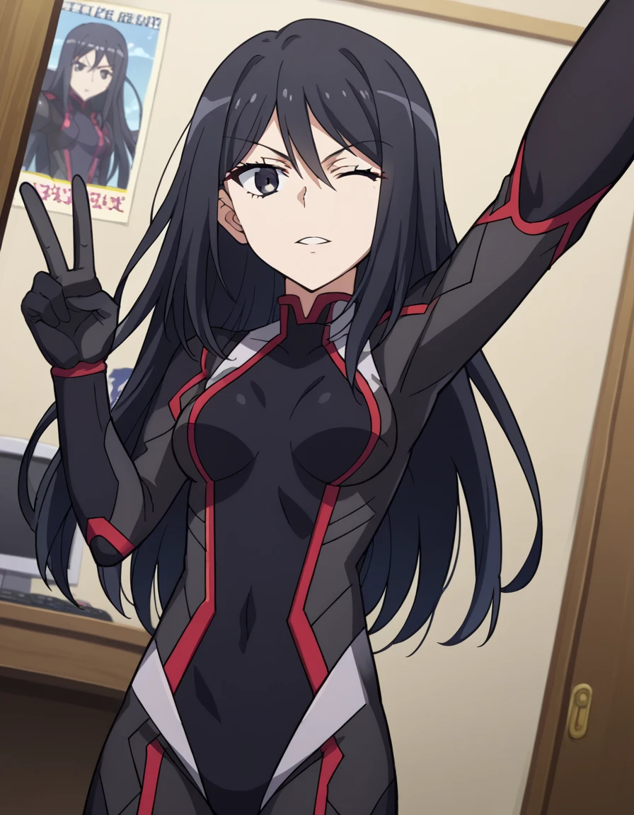 score_9, score_8_up, score_7_up, source_anime, <lora:shutaura-sequenzia-movie-ponyxl-lora-nochekaiser:1>, shutaura sequenzia, long hair, black hair, black eyes, hair between eyes, anime screencap,, bodysuit, black bodysuit, pilot suit, otaku room, posters, anime figures, computer, cluttered, , <lora:selfie-outstretched-arm-ponyxl-lora-nochekaiser:1> selfie, arm up, foreshortening, looking at viewer, outstretched arm, reaching, reaching towards viewer, v, parted lips, one eye closed, cowboy shot, looking at viewer, solo,, dutch angle, cowboy shot