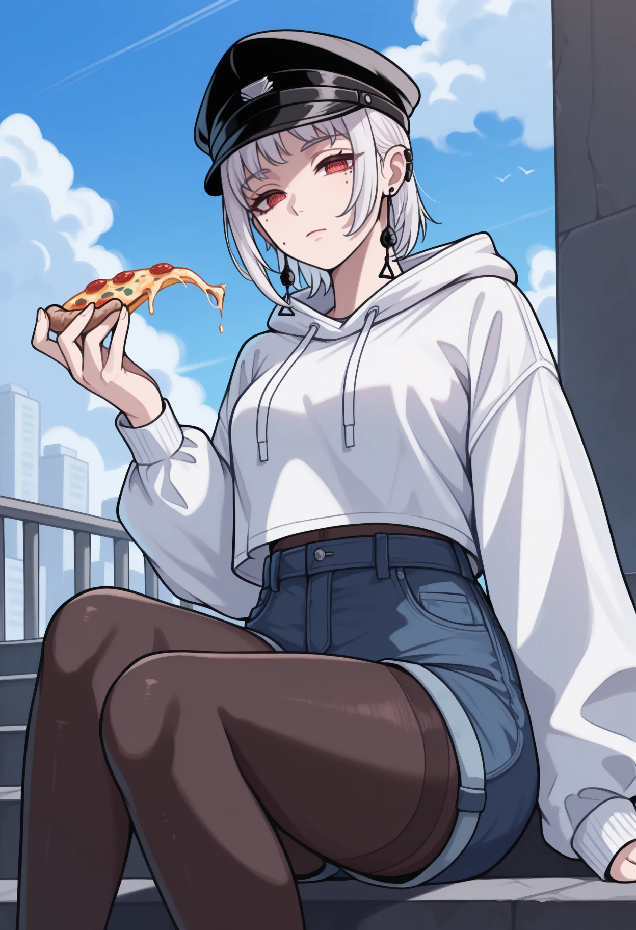 masterpiece, best quality, <break> feet out of frame, solo, 1girl, f4mi, multiple moles, mole under eye, mole under mouth, ear piercing, expressionless, looking at viewer, sitting, stairs, holding pizza, hand up, short hair, white hair, black headwear, military hat, peaked cap, red eyes, ringed eyes, white hoodie, hood down, long sleeves, blue shorts, denim shorts, black pantyhose, tassel earrings, outdoors, blue sky, cloud, cityscape
<segment:yolo-Anzhc Face seg 640 v2 y8n.pt,0.4,0.5//cid=1>