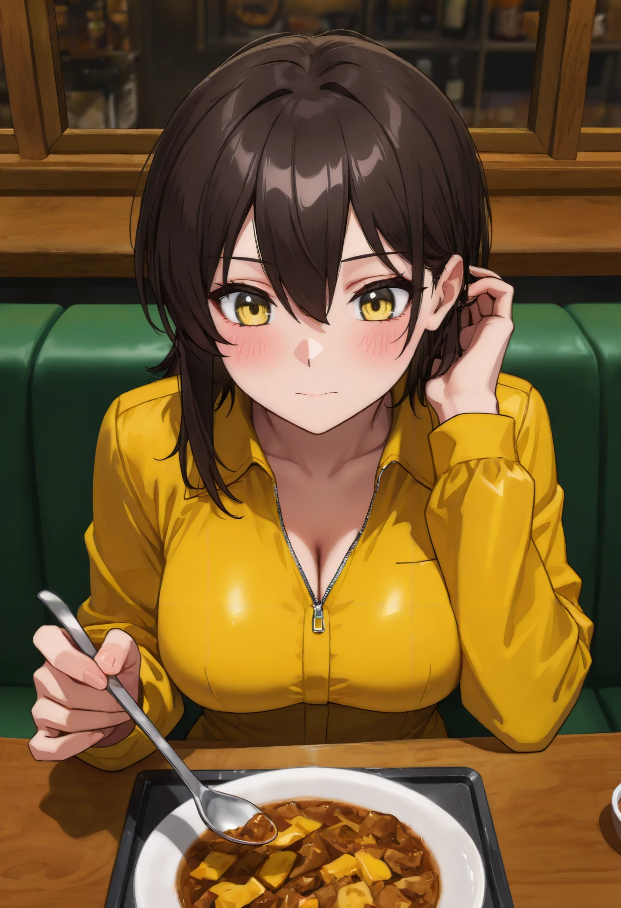 masterpiece, best quality, newest, absurdres, highres, dark, sitting, pov across table, restaurant, food, indoors, incoming food, holding spoon, hand on own ear, hair tucking, hair behind ear, hand up, adjusting hair, closed mouth, blush, medium breasts, 1girl, solo,  <lora:Elna_Stongs_Illustrious-000010:1> estonggsslna, short hair, brown hair, sidelocks, hair between eyes, bangs, yellow eyes, yellow jumpsuit,