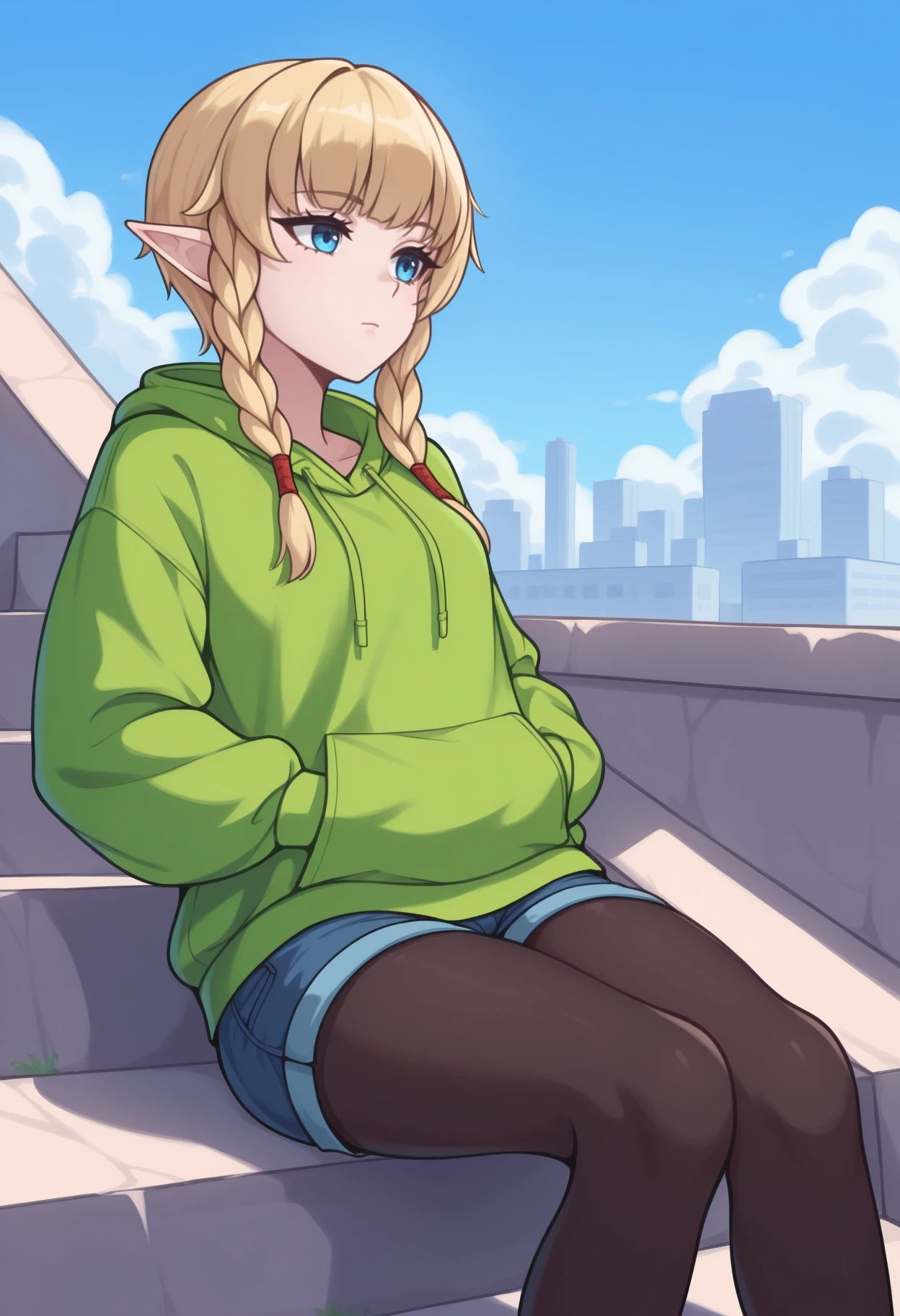 masterpiece, best quality, <break> solo, 1girl, l1nkle, expressionless, looking away, sitting, stairs, hands in pockets, long hair, blonde hair, twin braids, pointy ears, blue eyes, green hoodie, hood down, drawstring, long sleeves, blue shorts, denim shorts, black pantyhose, outdoors, blue sky, cloud, cityscape
<segment:yolo-Anzhc Face seg 640 v2 y8n.pt,0.4,0.5//cid=1>