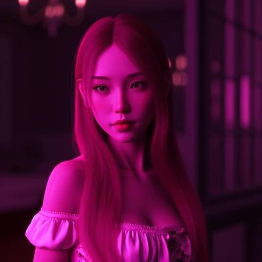 3D, render, octane, UnrealEngine, 1girl, woman, long hair, floral-patterned dress, off-shoulder, bright light, dark background, dreamy, pink light, bokeh, blurred face, contrast, aesthetic, fashion, feminine, nighttime, soft glow